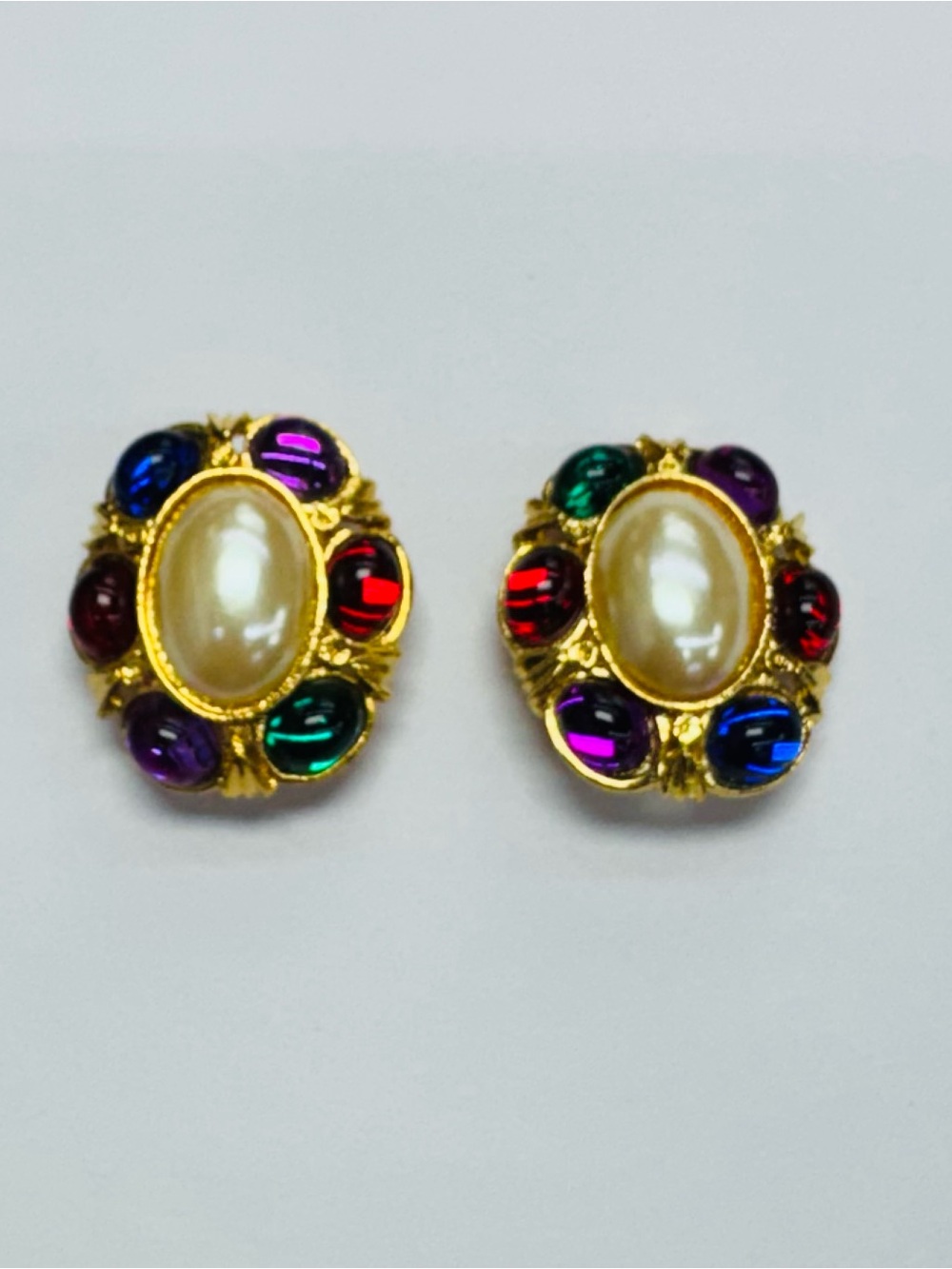 Vintage 80s Gold Tone Faux Pearl & Multi-Color Gripoix-Style Cabochon Earrings